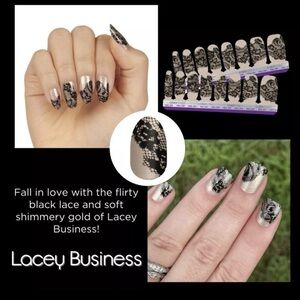 Color Street Lacey Business Black Lace over Shimmery Gold Press-On Nails